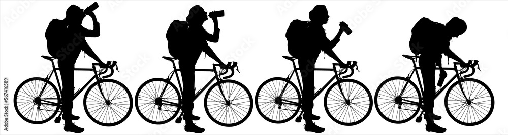 Obraz premium Thirst. The cyclist stopped for a drink. Girl with a bicycle. A woman in a cap, with a backpack on her back, stands near her bike and drinks water. Four black female silhouettes isolated on white
