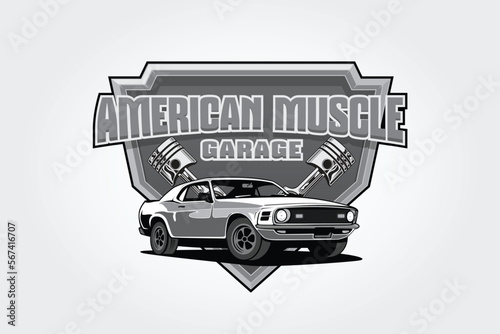 American Muscle Garage Vector Logo Template for your company or club , clothing design and many more. Excellent design, vintage style, good looking and high quality. Black and white version logo.