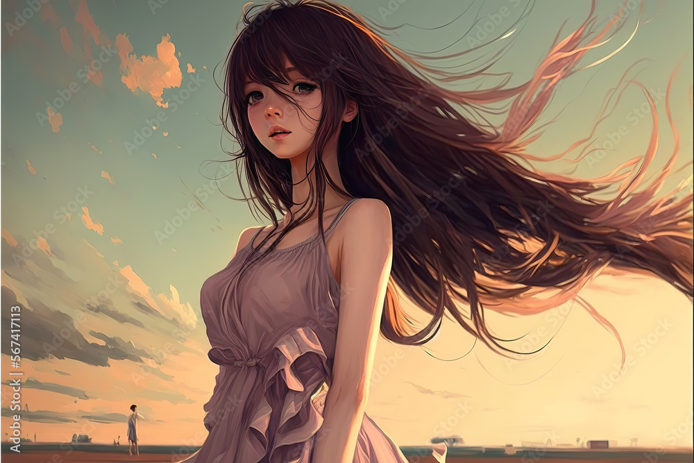 A Beautiful Anime Girl Looking Into The Camera Sad Emotion While Wind A Beautiful Anime Girl Looking Into The Camera Sad Emotion While Wind