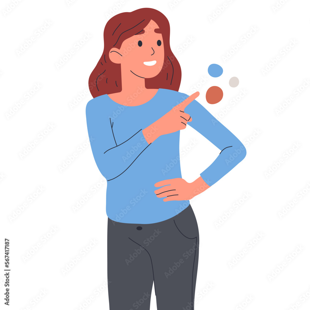 Female character pointing with index fingers. Cheerful Woman indicating and pointing side flat vector illustration on white background