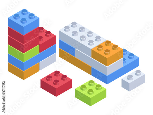 Isometric brick toys. Building 3d blocks, children lesure game, colorful bricks toy 3D vector illustration on white background photo