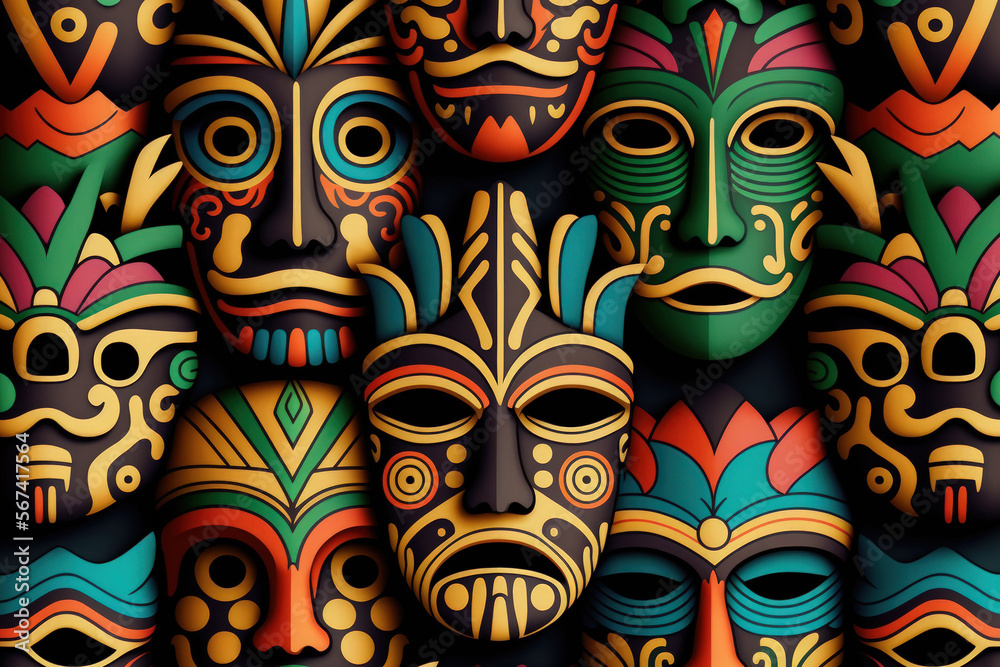Colorful tribal mask seamless pattern. Generative AI