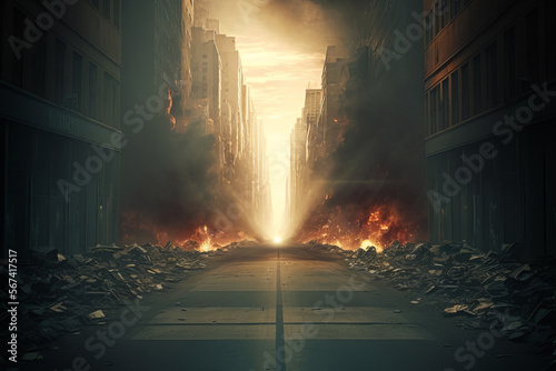 Photo Burned out city street, city ruins at war (Generative AI)