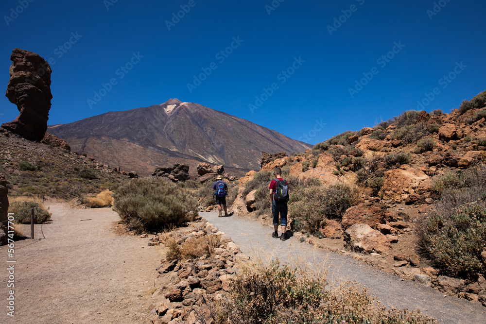 tourists and view of the peak of the Pico del Teide mountain volcano on a sunny day, Teide National Park, Tenerife, Canary Islands,