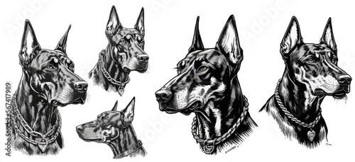 The dog is a Doberman. Dog with a spiked collar and chain, crown. Isolated on background. Cartoon flat vector illustration