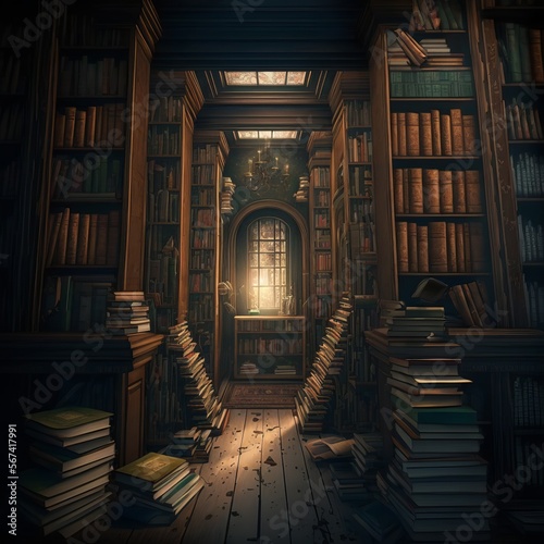 Old library or bookstore with many books on shelves as a digital illustration  generative AI 