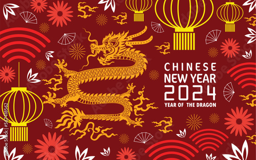Happy chinese new year 2024 year of the chinese dragon zodiac with on color Background. ( Translation : happy new year, chinese dragon )
