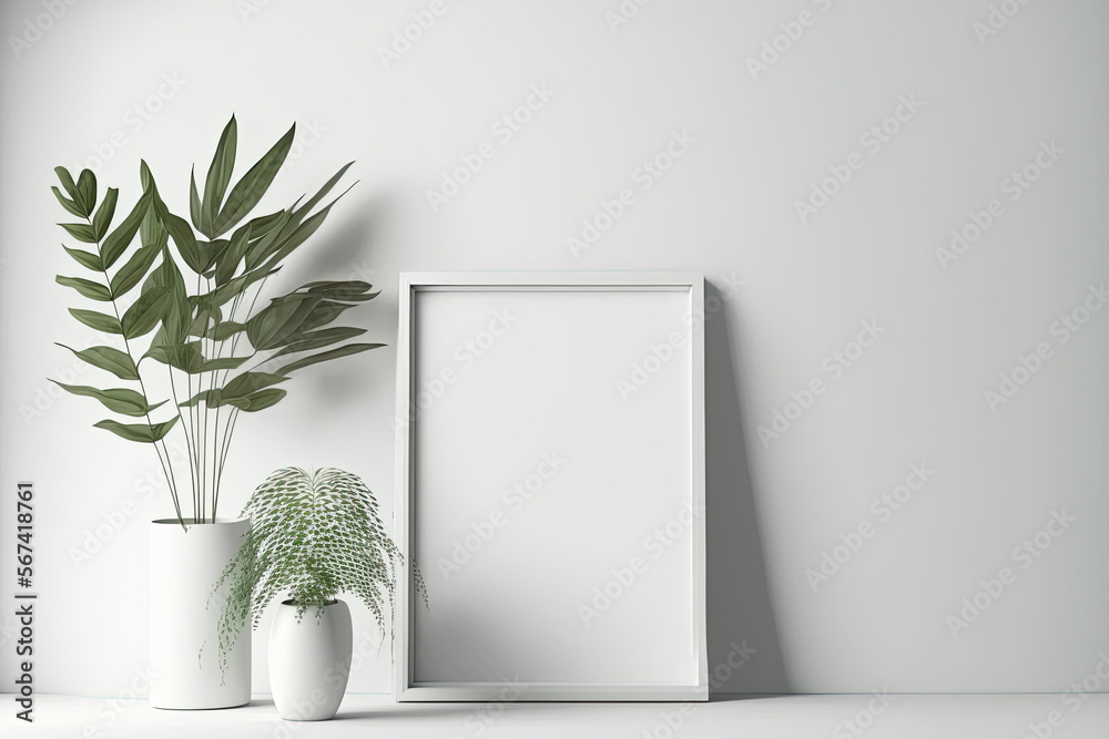 a blank picture with two green plants next to it. mockup. Generative AI