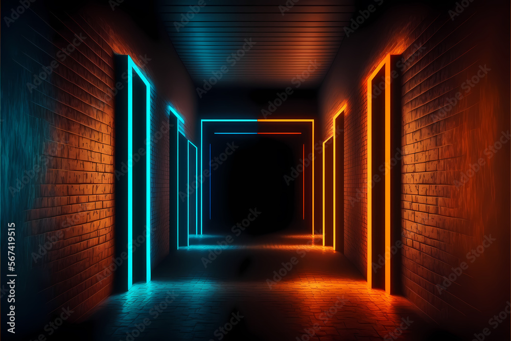 neon laser lights on medieval brick showroom. Generative AI
