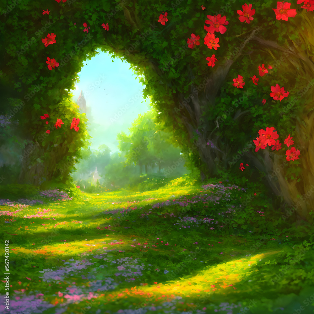 Magical plain full of flower and ivy leaves in springtime. Generative AI Magical plain full of flower and ivy leaves in springtime. Generative AI
