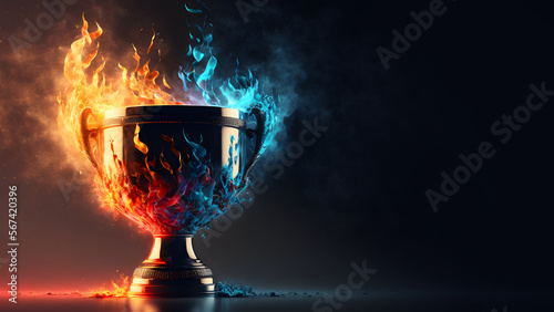 Award for the best and first, championship trophy, trophy of victory, flaming sports trophy, trophy of success, sports banner background, championship trophy with flames, Generative AI