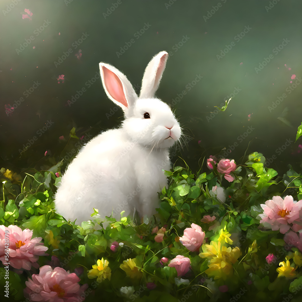 White rabbit in the garden sitting on grass and flowers. Generative AI White rabbit in the garden sitting on grass and flowers. Generative AI