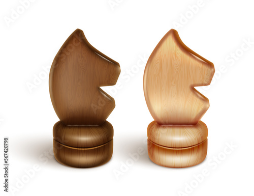 Two chess pieces - knight, horses. Made from lacquered wood. 3D realistic illustration. Isolated on white background. Vector