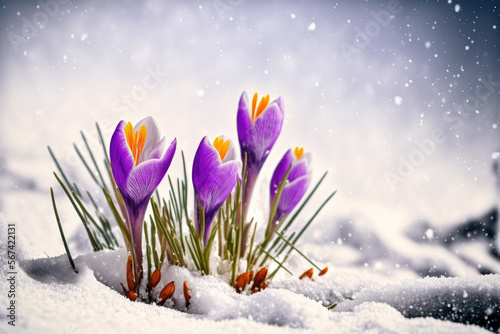 beautiful purple tulips in winter in the snow. Generative AI © jr-art