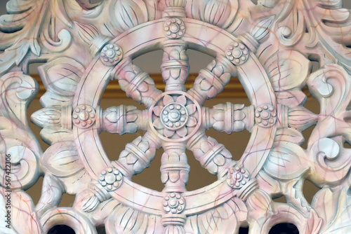 Dharma Wheel (Dharmachakra), the Buddhist eight-fold path illustrated in a wheel, Ba Vang Buddhist Temple, Uong Bi, Vietnam, Indochina, Southeast Asia, Asia photo