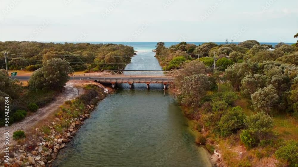 Aerial view of Vasse-Wonnerup estuary in Busselton, Australia. Flying over the estuary of wetland od Vasse-Wonnerup river in western Australia Aerial view of Vasse-Wonnerup estuary in Busselton, Australia. Flying over the estuary of wetland od Vasse-Wonnerup river in western Australia