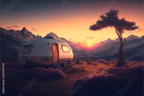 Camping Urlaub, camping in the woods, campsite with trailer and campfire, landscape in retro style, Generative AI