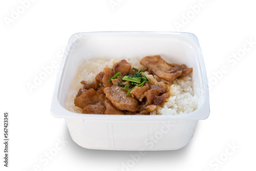 Fried sliced chicken with garlic and pepper over rice in white box isolated on white background. Instant Food Ready to Eat.