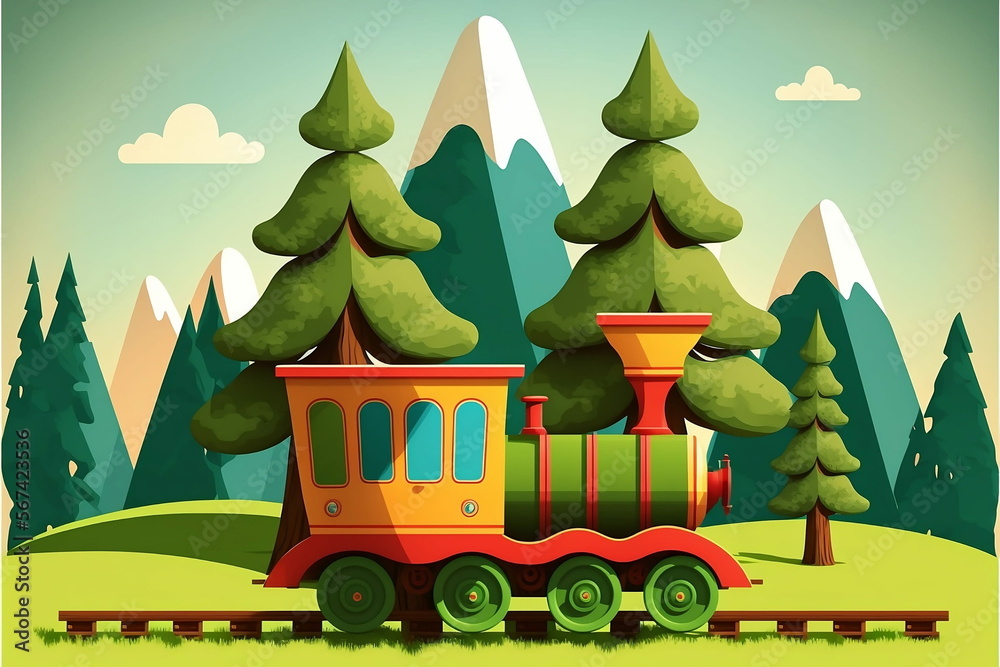 Fototapeta premium Children's toy train with toy trees and mountains on the background, cartoon style. Generative AI