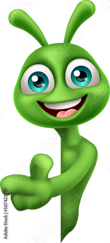 An alien cute little green man Martian cartoon mascot peeking around a sign and pointing