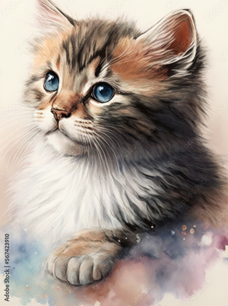 Close-up cute furry cat watercolor painting. Generative AI