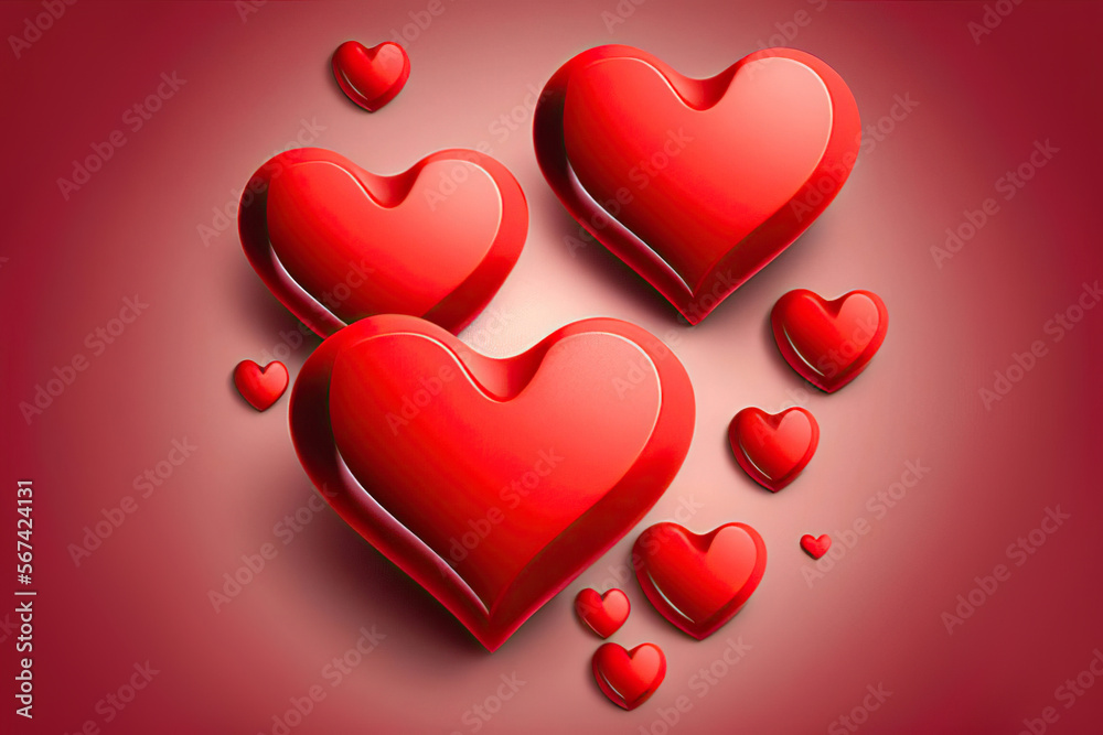 Red glossy hearts on a light red background, illustration, Generative AI