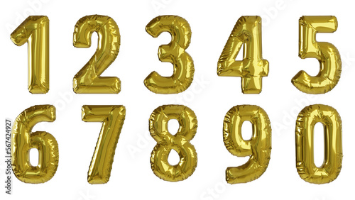 Balões numéricos um dois três quatro cinco seis sete oito nove zero na cor dourada sem fundo photo