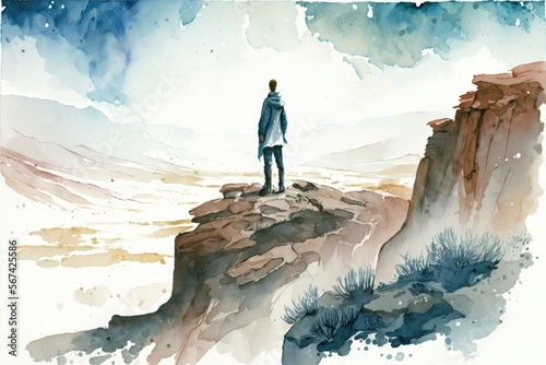 Estrangement concept. A person standing on a cliff looked out at the vast and empty landscape. Feeling estranged from the world. Watercolor painting. Generative AI
