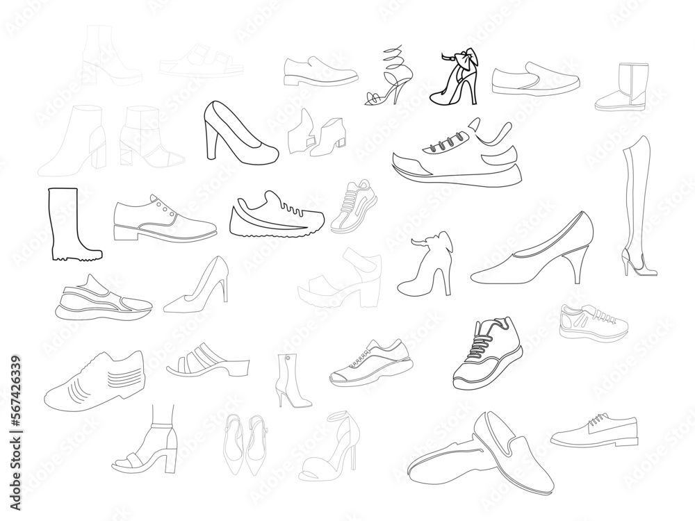 Shoes Icon Vector Art. man and women's shoes outline design art. black and white design. drawing footwear vector illustration. 