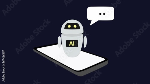 AI cyberspace robot appears from the phone, ChatGPT Chat with AI or Artificial Intelligence Smart AI. Artificial intelligence chatbot learning and communicating. Computer animation using Chatbot