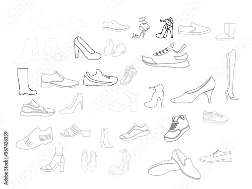 Shoes Icon Vector Art. man and women's shoes outline design art. black and white design. drawing footwear vector illustration. 