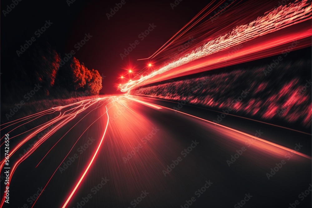  a blurry photo of a highway at night with a red light at the end of the road and trees on the other side of the road.  generative ai - obrazy, fototapety, plakaty 