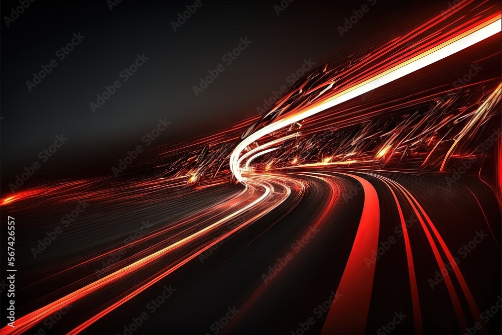  a blurry photo of a highway at night with a red light in the middle of the image and a black background with a red light at the bottom.  generative ai - obrazy, fototapety, plakaty 