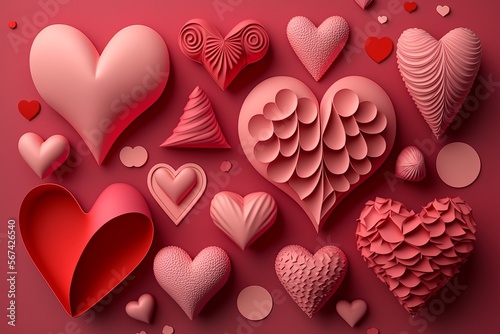 Red hearts on pink background.  Top view. Flat lay. Perfect for Valentine's Day or any occasion to express love and affection. Creative love background