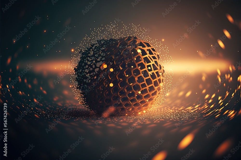  an abstract image of a sphere with lights coming out of the top of it and a blurry image of a ball in the middle of the image.  generative ai - obrazy, fototapety, plakaty 