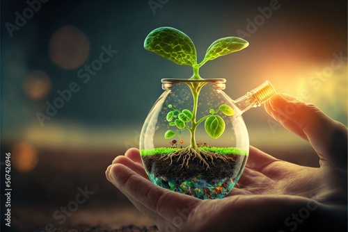  a person holding a plant in a glass vase with dirt and grass inside of it and a toothbrush in the other hand, with a blurry background.  generative ai photo