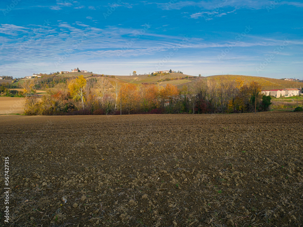 Plowed fields in late autumn. Piedmont region, Italy.