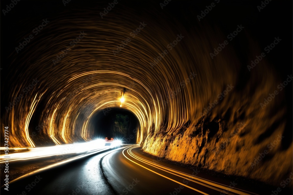  a car driving through a tunnel with light streaks on the side of the tunnel and a car driving through the tunnel on the other side of the tunnel.  generative ai - obrazy, fototapety, plakaty 