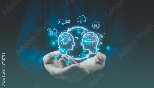 Artificial intelligence technology, futuristic, machine learning, cloud computing, internet of things, computer network concept. Businessman hold digital brain icon, 5g, cyborg, robotic, big data.