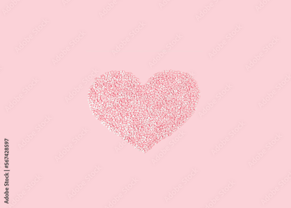 Heart shape candy pink hearts background of cake sprinkles in flat lay with copy space, feminine blogger or festive love gift and Valentine's Day concept. banner mockup. Small hearts minimal