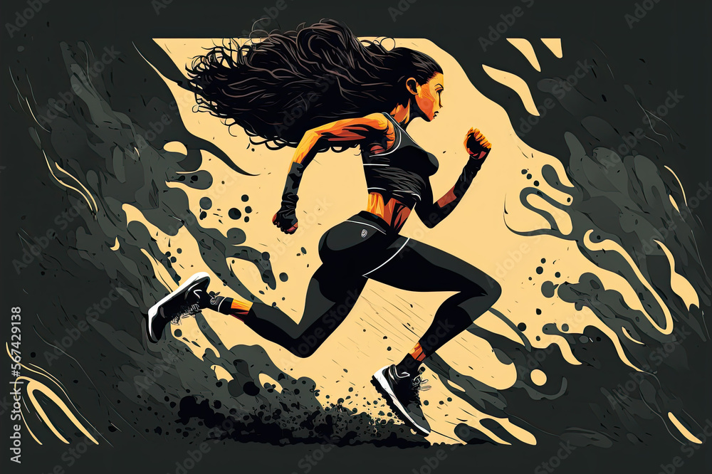 illustration of a young sporty woman who is sprinting. Generative AI