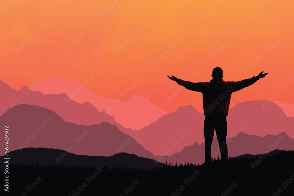 Winner person standing on mountain peak cheering with epic view. Freedom and personal success concept. Winner, conquer, mission accomplished concept. Vector illustration.