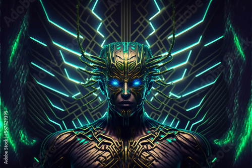 cyber god face installed in complex machinery in virtual space room new quality universal colorful technology stock image illustration design, generative ai