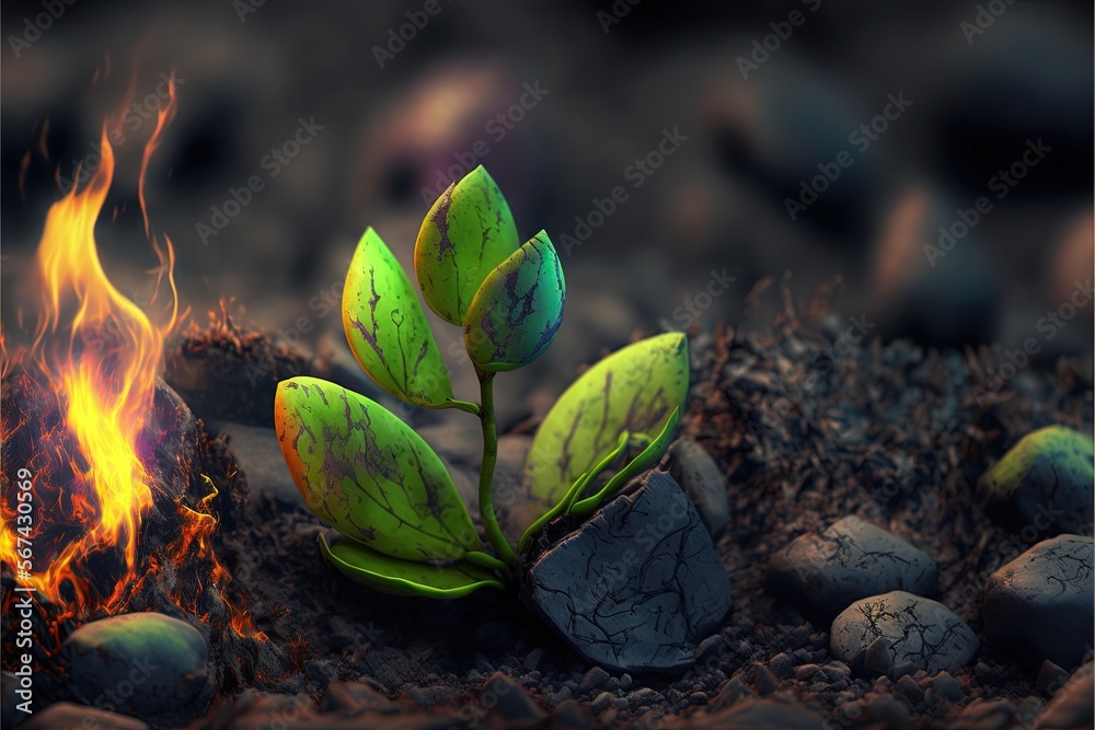 Φωτογραφία a small green plant sprouts out of the ground next to a small fire with rocks and gravel around it and a fire in the background