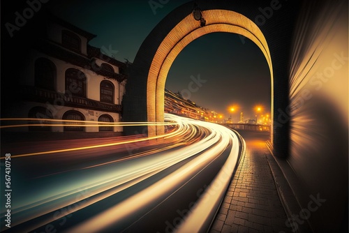  a long exposure photo of a city street at night with light streaks in the foreground and a building with a clock tower in the background.  generative ai photo