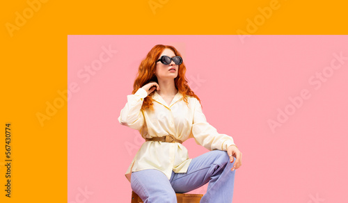 Beautiful attractive cauasian woman smiling happy excited to start summer fashion posing model pink and orange isolated background photo