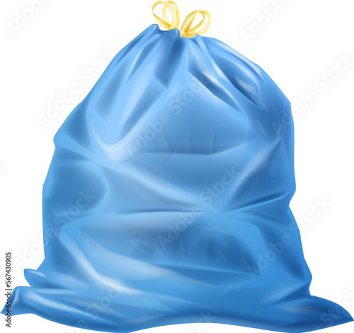 Blue plastic trash sack. Full garbage bag