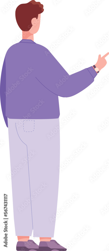 Fototapeta premium Man pointing finger rear view. Male character showing something