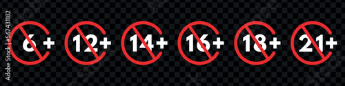 Under age sign. Adults content only age restriction 6,12, 14, 16, 18, 21 plus years old icon .Censure warning age plus. Vector isolated illustration