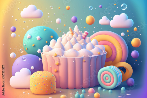 Background of body care bubble bath and colorful effervescent bath bomb. Generative AI